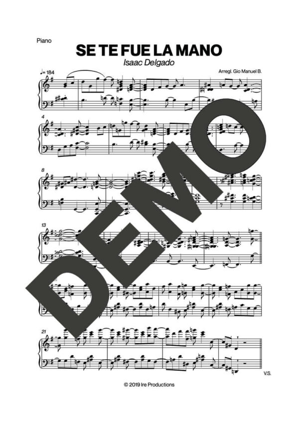 Issac Delgado – Se Te Fue la Mano – Sheet Music Demo Page 3 (PDF) – Includes charts for Trumpets, Trombones, Saxophone, Piano and Bass