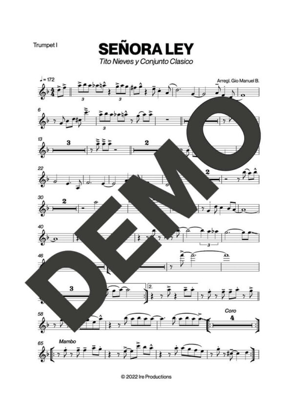 Tito Nieves – Señora Ley – First Page of Sheet Music Preview (PDF) – Includes charts for Trumpets, Trombones, Saxophone, Piano and Bass