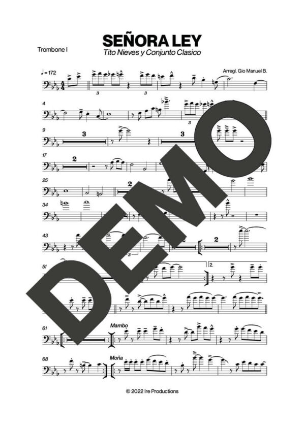 Tito Nieves – Señora Ley – Sheet Music Demo Page 1 (PDF) – Includes charts for Trumpets, Trombones, Saxophone, Piano and Bass