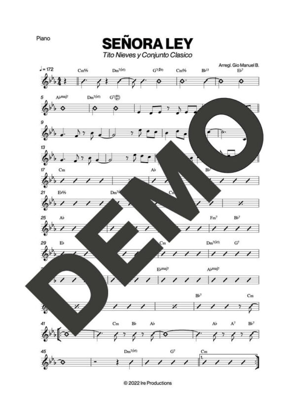 Tito Nieves – Señora Ley – Sheet Music Demo Page 2 (PDF) – Includes charts for Trumpets, Trombones, Saxophone, Piano and Bass