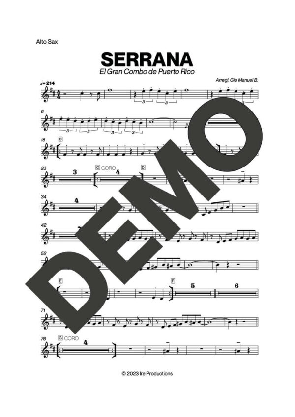 El Gran Combo de Puerto Rico – Serrana – First Page of Sheet Music Preview (PDF) – Includes charts for Trumpets, Trombones, Saxophone, Piano and Bass