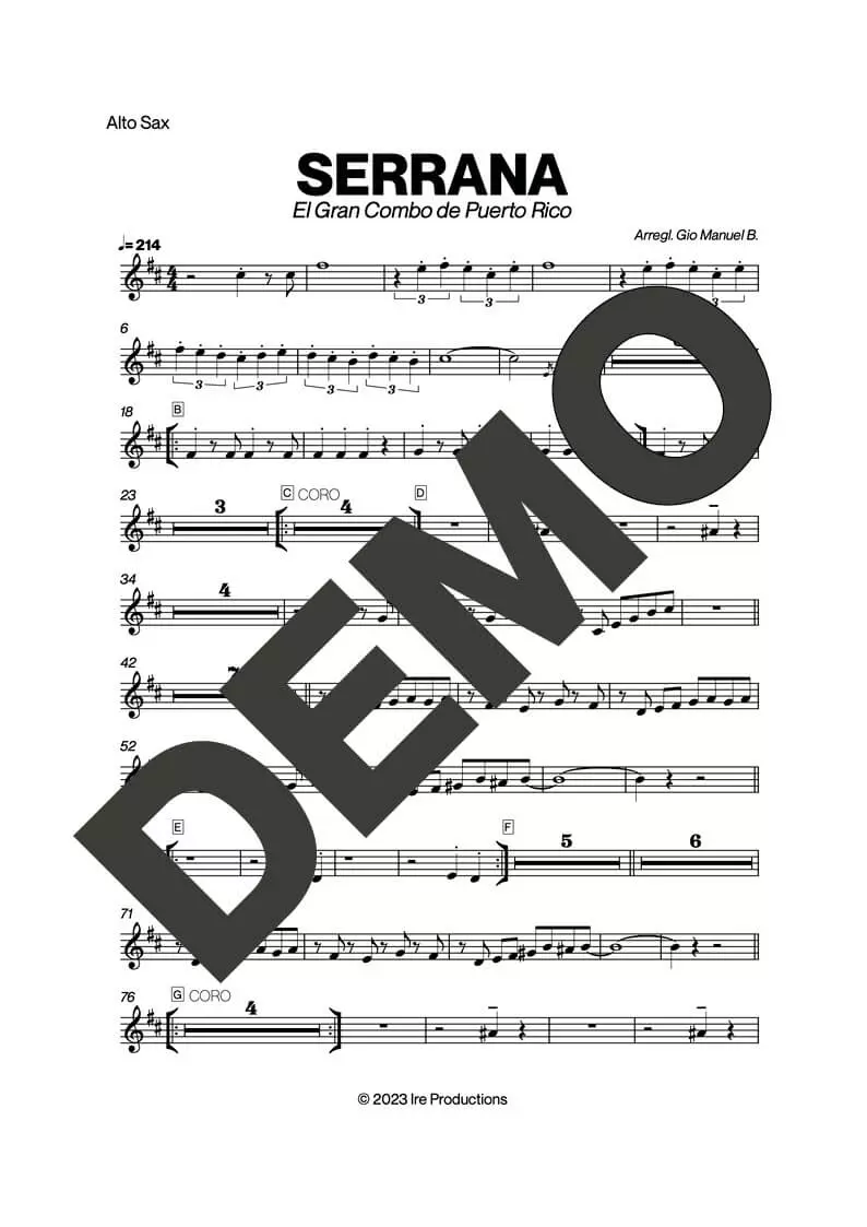 El Gran Combo de Puerto Rico – Serrana – First Page of Sheet Music Preview (PDF) – Includes charts for Trumpets, Trombones, Saxophone, Piano and Bass