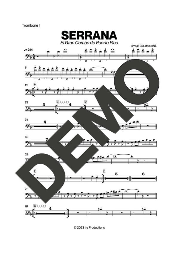 El Gran Combo de Puerto Rico – Serrana – Sheet Music Demo Page 2 (PDF) – Includes charts for Trumpets, Trombones, Saxophone, Piano and Bass