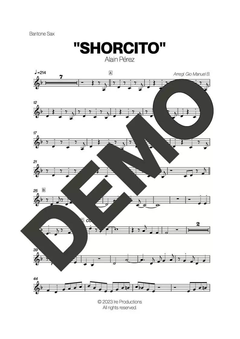 Alain Peréz – Shorcito – First Page of Sheet Music Preview (PDF) – Includes charts for Trumpets, Trombones, Saxophone, Piano and Bass