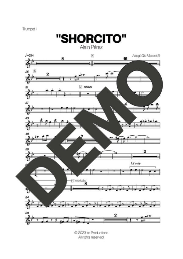 Alain Peréz – Shorcito – Sheet Music Demo Page 1 (PDF) – Includes charts for Trumpets, Trombones, Saxophone, Piano and Bass