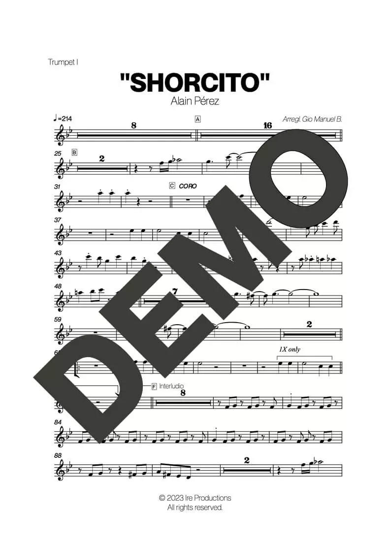 Alain Peréz – Shorcito – Sheet Music Demo Page 1 (PDF) – Includes charts for Trumpets, Trombones, Saxophone, Piano and Bass