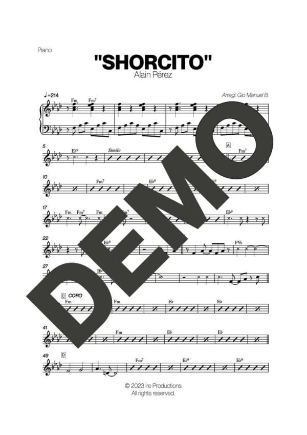 Alain Peréz – Shorcito – Sheet Music Demo Page 3 (PDF) – Includes charts for Trumpets, Trombones, Saxophone, Piano and Bass