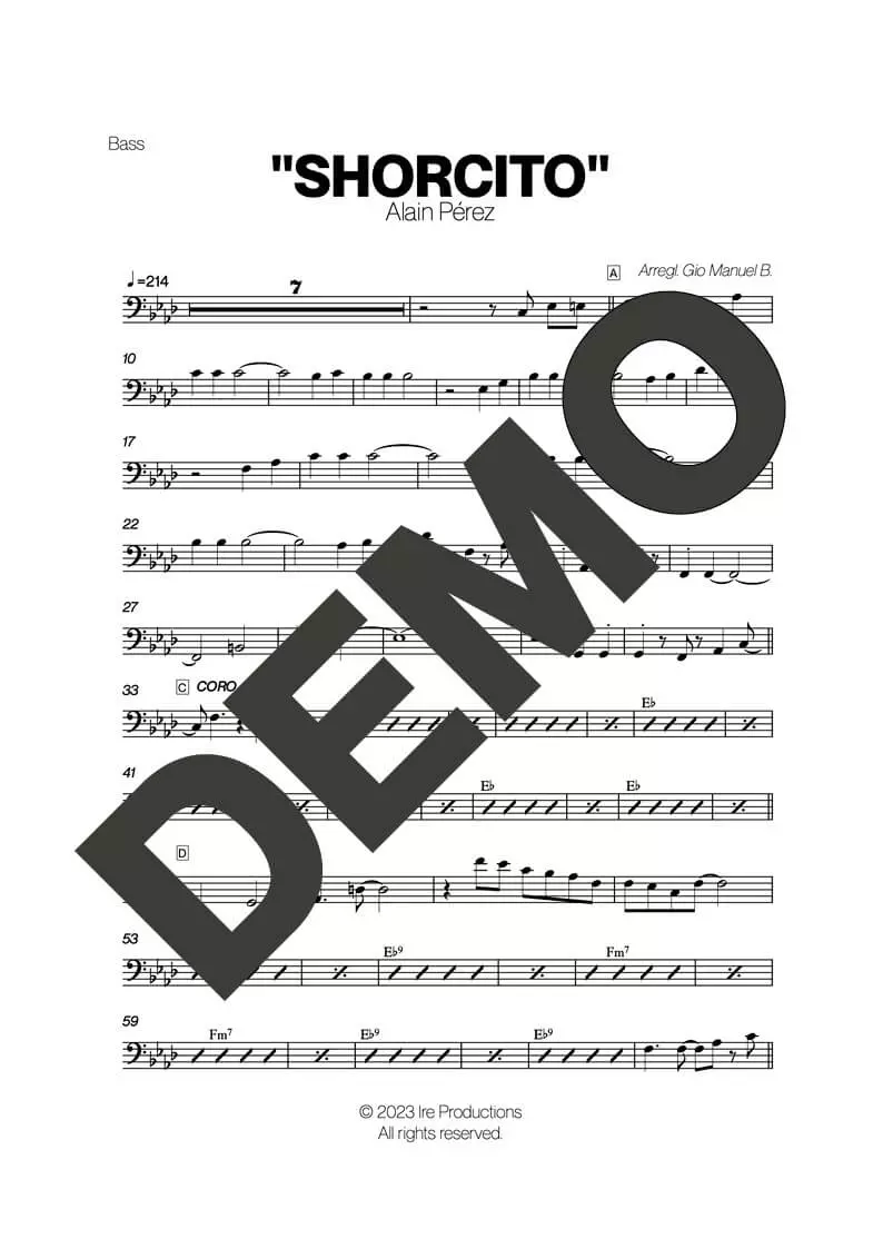 Alain Peréz – Shorcito – Sheet Music Demo Page 4 (PDF) – Includes charts for Trumpets, Trombones, Saxophone, Piano and Bass