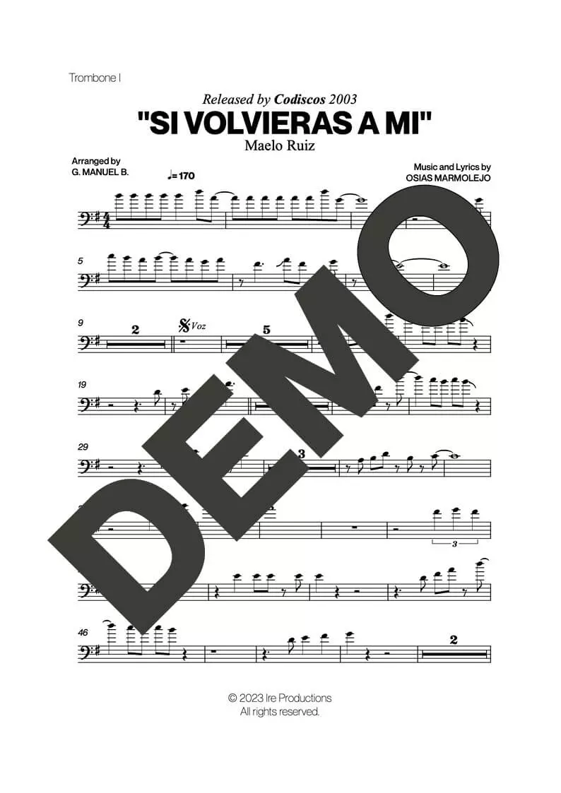 Maelo Ruiz – Si Volvieras a Mi – Sheet Music Demo Page 1 (PDF) – Includes charts for Trumpets, Trombones, Saxophone, Piano and Bass
