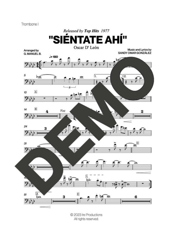 Oscar D' León – Siéntate Ahí – Sheet Music Demo Page 1 (PDF) – Includes charts for Trumpets, Trombones, Saxophone, Piano and Bass