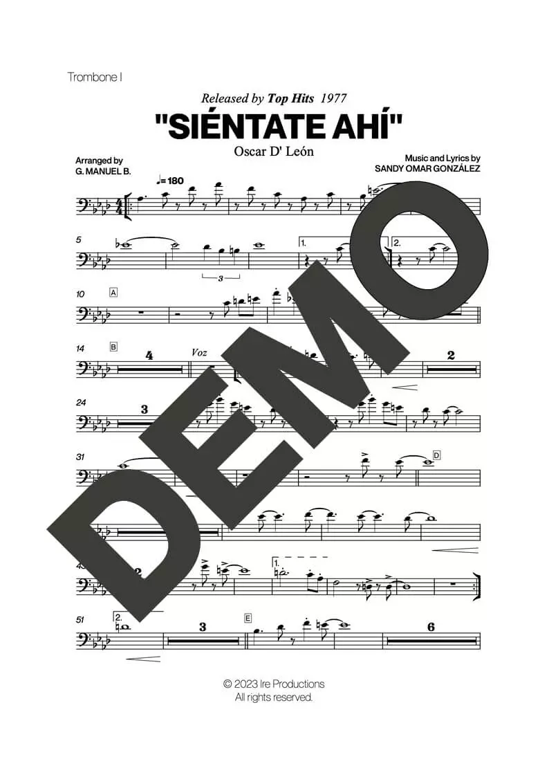 Oscar D' León – Siéntate Ahí – Sheet Music Demo Page 1 (PDF) – Includes charts for Trumpets, Trombones, Saxophone, Piano and Bass