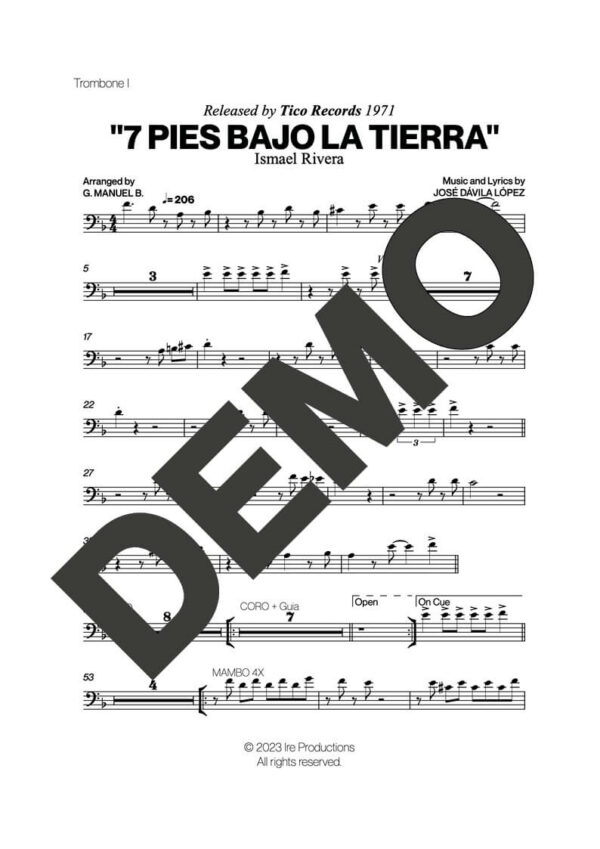 Ismael Rivera – Siete Pies Bajo La Tierra – Sheet Music Demo Page 1 (PDF) – Includes charts for Trumpets, Trombones, Saxophone, Piano and Bass