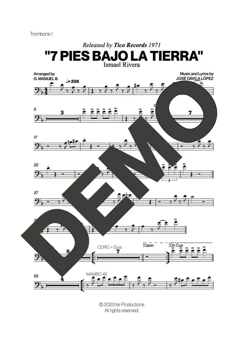 Ismael Rivera – Siete Pies Bajo La Tierra – Sheet Music Demo Page 1 (PDF) – Includes charts for Trumpets, Trombones, Saxophone, Piano and Bass