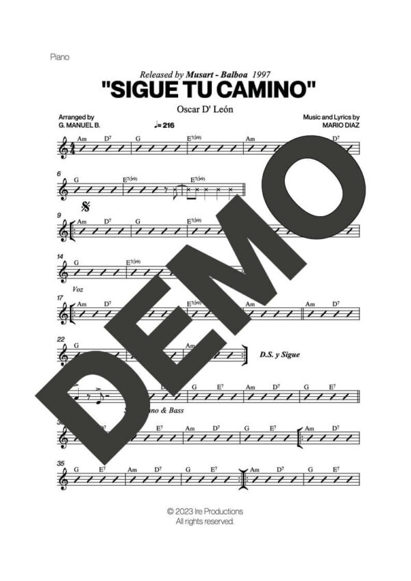 Oscar D' León – Sigue tu Camino – Sheet Music Demo Page 2 (PDF) – Includes charts for Trumpets, Trombones, Saxophone, Piano and Bass