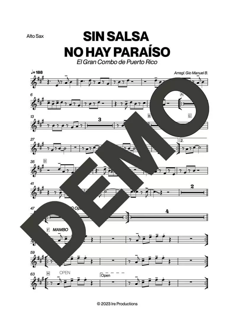 El Gran Combo de Puerto Rico – Sin Salsa No Hay Paraíso – First Page of Sheet Music Preview (PDF) – Includes charts for Trumpets, Trombones, Saxophone, Piano and Bass
