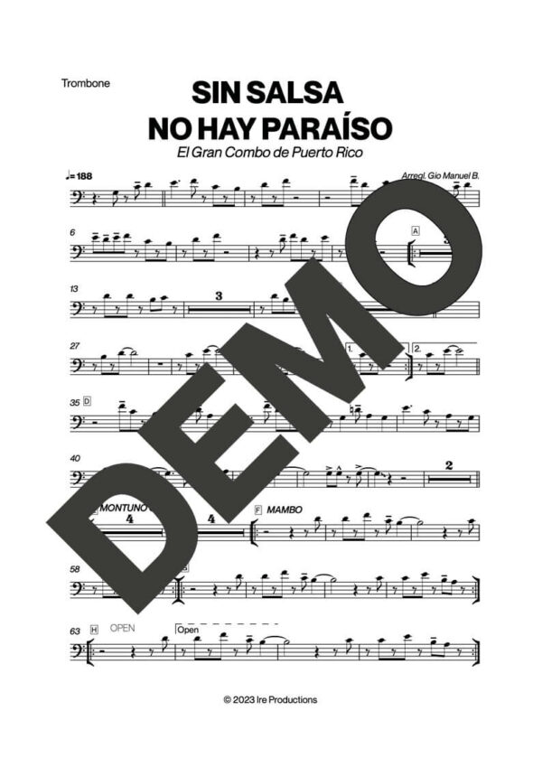 El Gran Combo de Puerto Rico – Sin Salsa No Hay Paraíso – Sheet Music Demo Page 2 (PDF) – Includes charts for Trumpets, Trombones, Saxophone, Piano and Bass