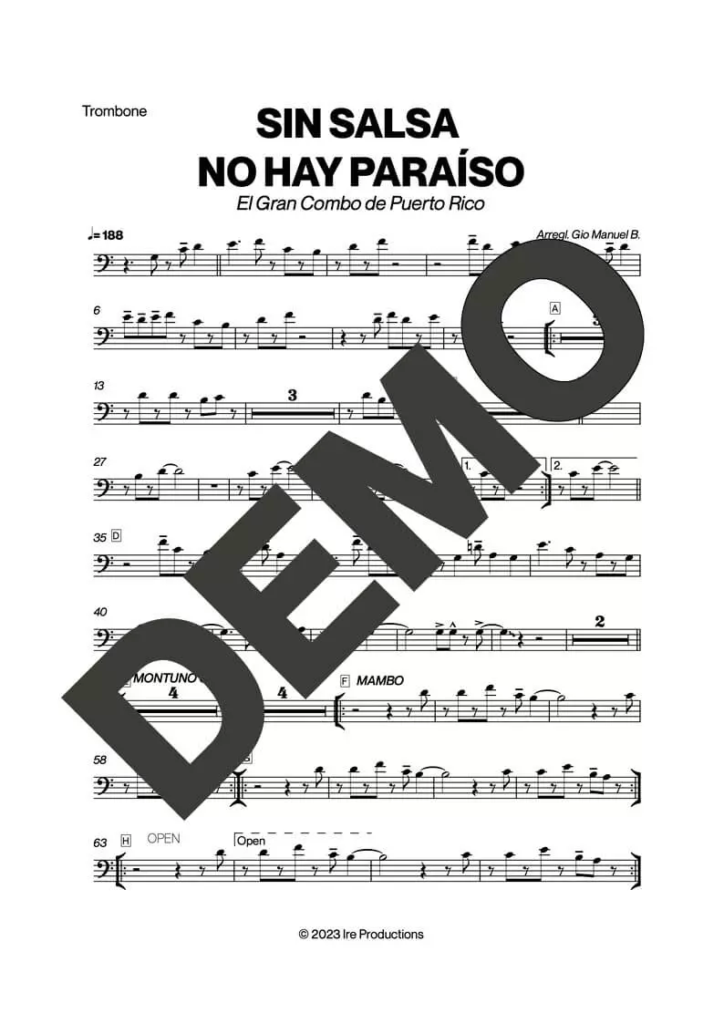 El Gran Combo de Puerto Rico – Sin Salsa No Hay Paraíso – Sheet Music Demo Page 2 (PDF) – Includes charts for Trumpets, Trombones, Saxophone, Piano and Bass