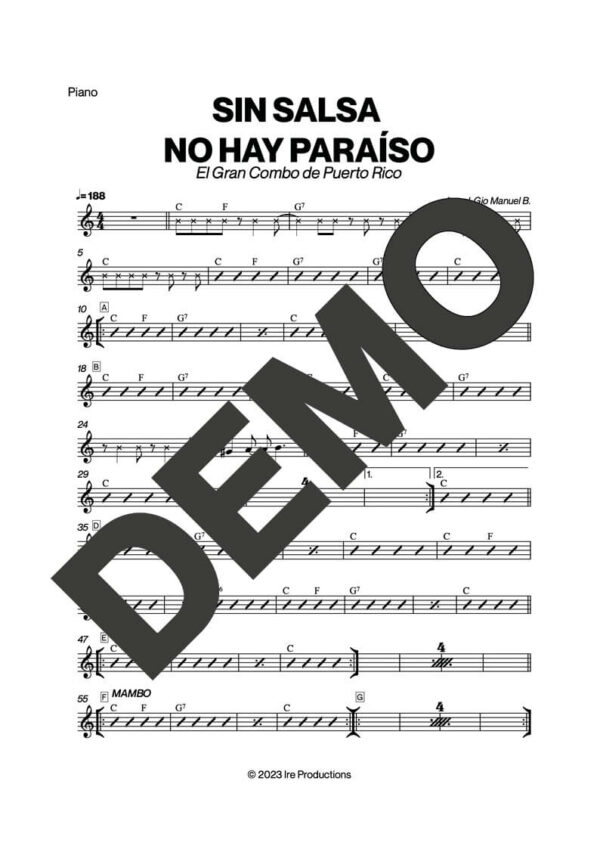 El Gran Combo de Puerto Rico – Sin Salsa No Hay Paraíso – Sheet Music Demo Page 3 (PDF) – Includes charts for Trumpets, Trombones, Saxophone, Piano and Bass