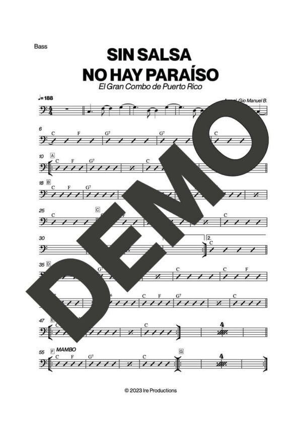 El Gran Combo de Puerto Rico – Sin Salsa No Hay Paraíso – Sheet Music Demo Page 4 (PDF) – Includes charts for Trumpets, Trombones, Saxophone, Piano and Bass