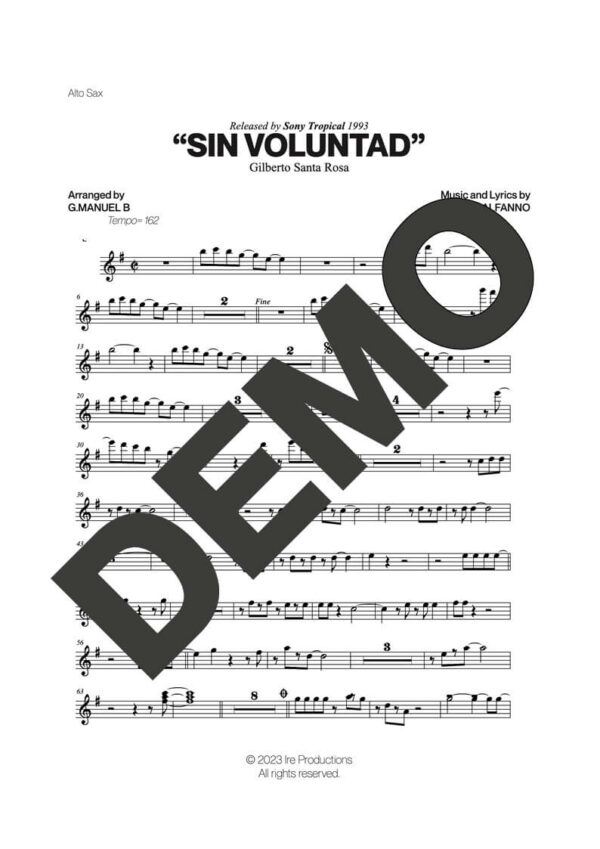 Gilberto Santa Rosa – Sin Voluntad – First Page of Sheet Music Preview (PDF) – Includes charts for Trumpets, Trombones, Saxophone, Piano and Bass
