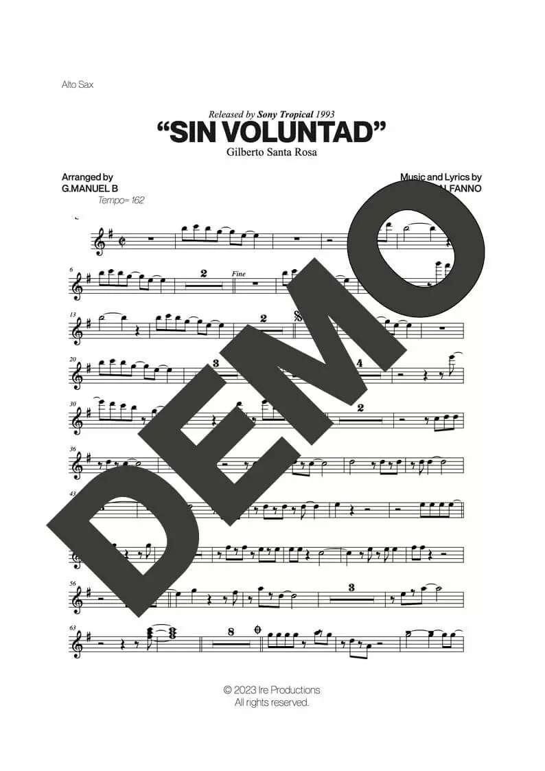 Gilberto Santa Rosa – Sin Voluntad – First Page of Sheet Music Preview (PDF) – Includes charts for Trumpets, Trombones, Saxophone, Piano and Bass