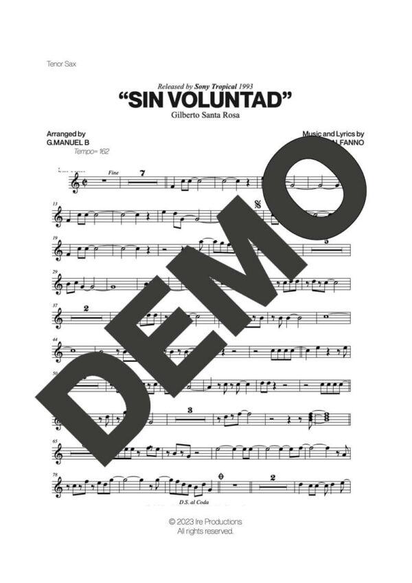 Gilberto Santa Rosa – Sin Voluntad – Sheet Music Demo Page 1 (PDF) – Includes charts for Trumpets, Trombones, Saxophone, Piano and Bass