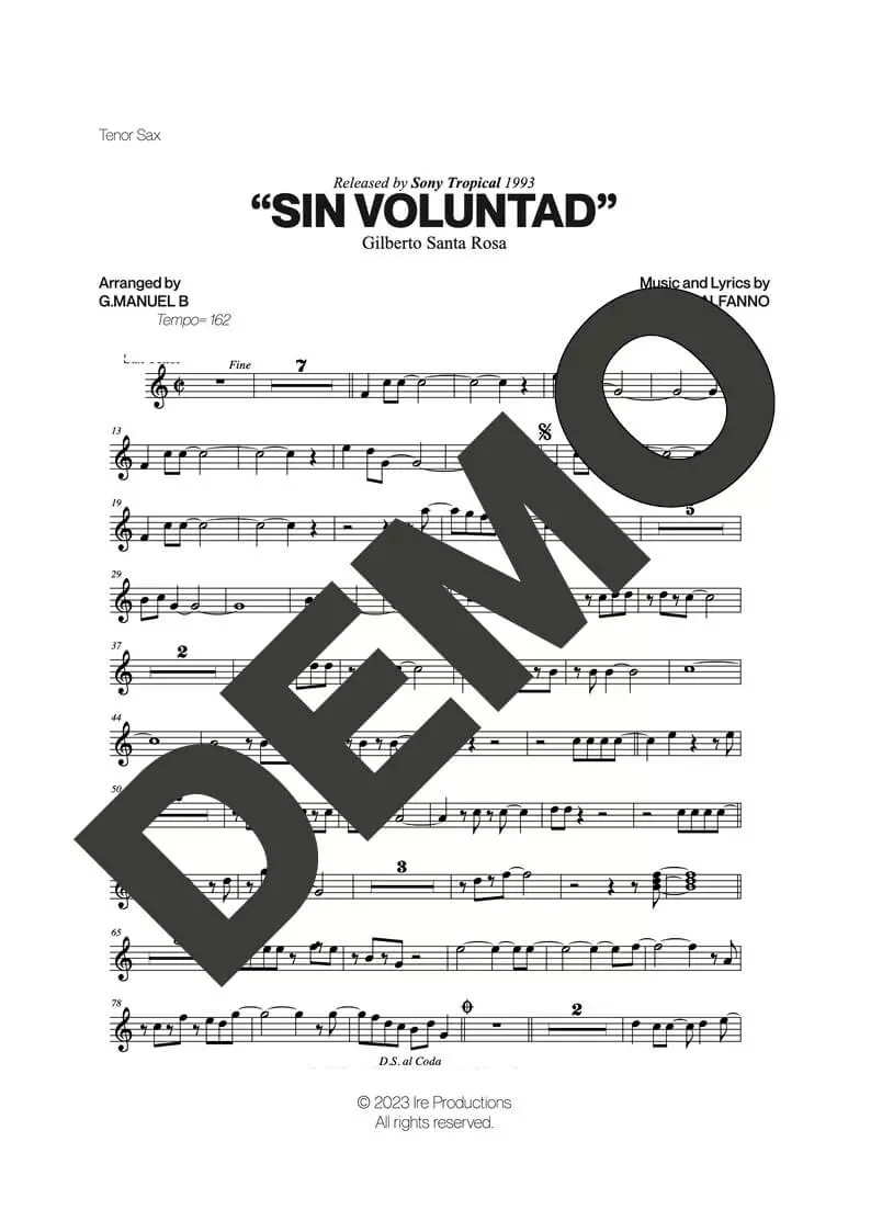 Gilberto Santa Rosa – Sin Voluntad – Sheet Music Demo Page 1 (PDF) – Includes charts for Trumpets, Trombones, Saxophone, Piano and Bass