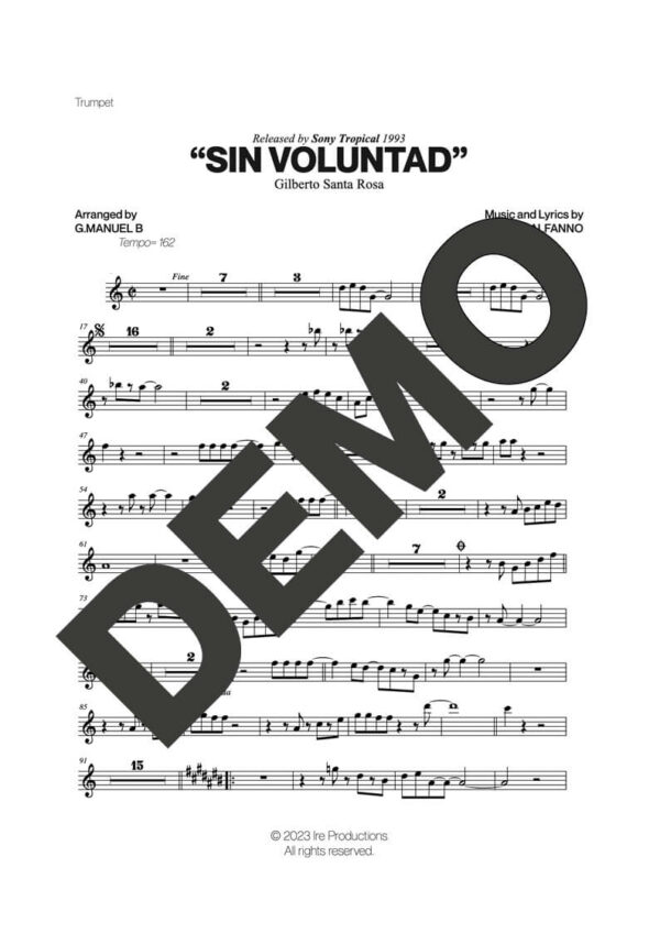 Gilberto Santa Rosa – Sin Voluntad – Sheet Music Demo Page 2 (PDF) – Includes charts for Trumpets, Trombones, Saxophone, Piano and Bass
