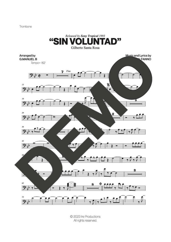 Gilberto Santa Rosa – Sin Voluntad – Sheet Music Demo Page 3 (PDF) – Includes charts for Trumpets, Trombones, Saxophone, Piano and Bass