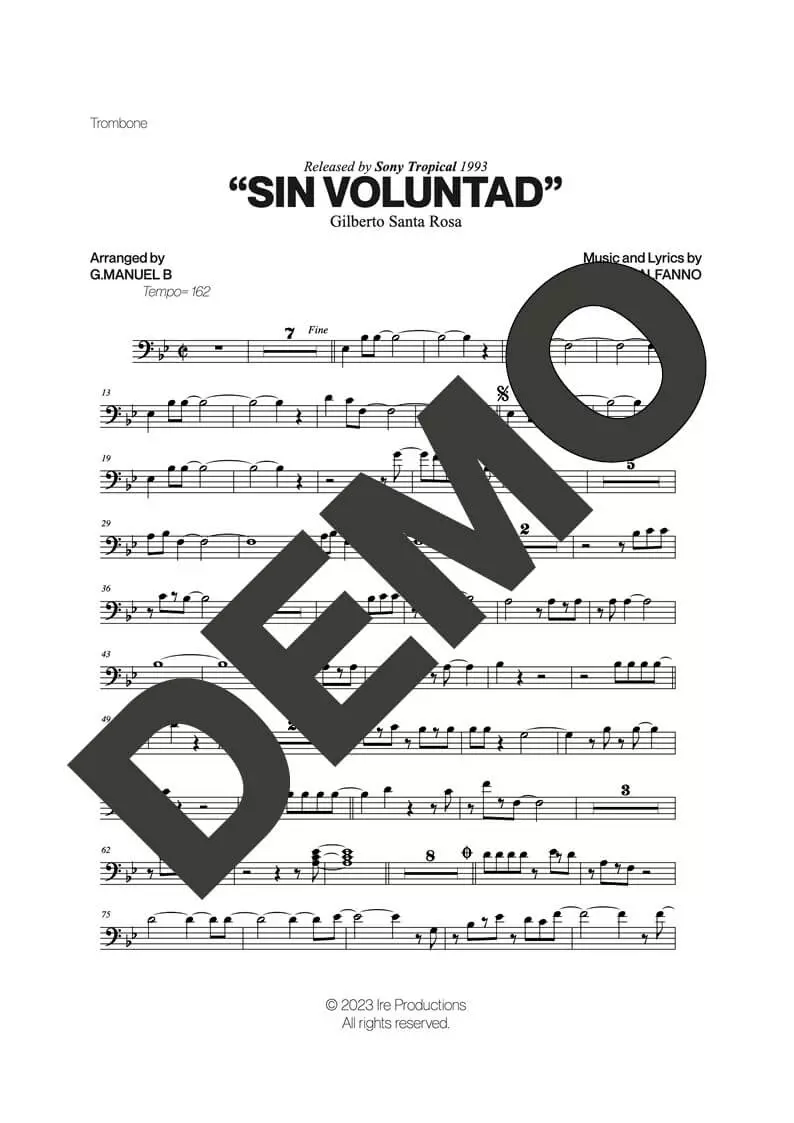 Gilberto Santa Rosa – Sin Voluntad – Sheet Music Demo Page 3 (PDF) – Includes charts for Trumpets, Trombones, Saxophone, Piano and Bass