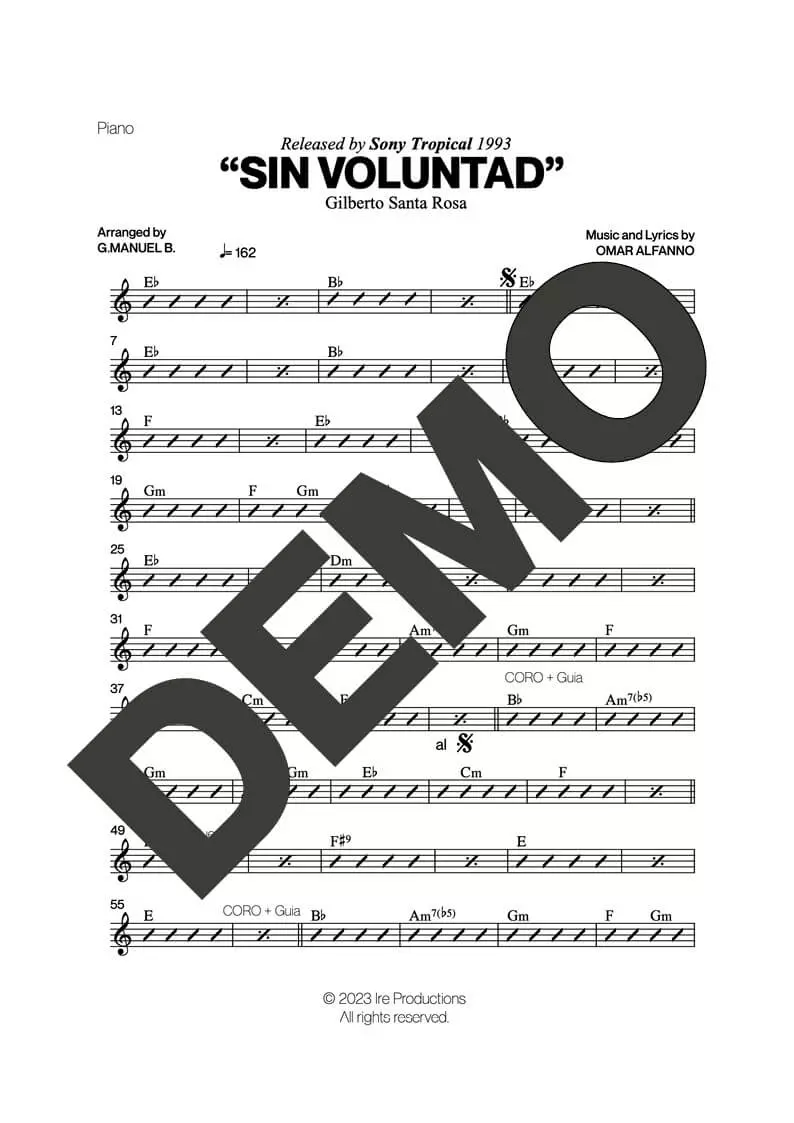 Gilberto Santa Rosa – Sin Voluntad – Sheet Music Demo Page 4 (PDF) – Includes charts for Trumpets, Trombones, Saxophone, Piano and Bass