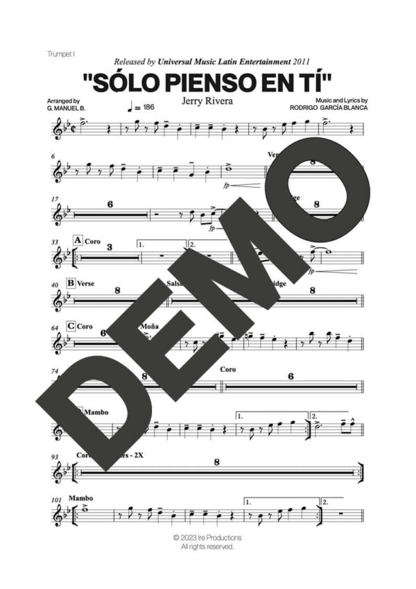Jerry Rivera – Sólo Pienso En Tí – First Page of Sheet Music Preview (PDF) – Includes charts for Trumpets, Trombones, Saxophone, Piano and Bass