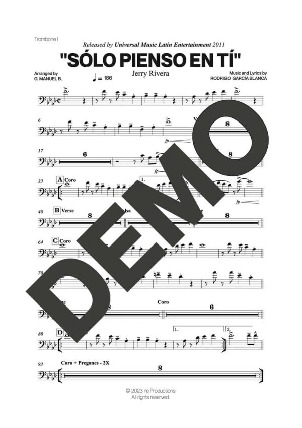 Jerry Rivera – Sólo Pienso En Tí – Sheet Music Demo Page 1 (PDF) – Includes charts for Trumpets, Trombones, Saxophone, Piano and Bass