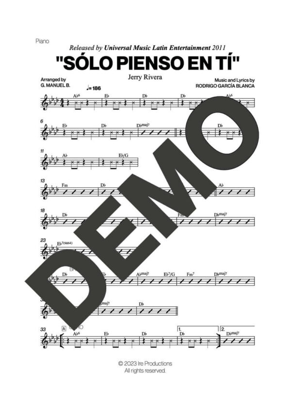 Jerry Rivera – Sólo Pienso En Tí – Sheet Music Demo Page 2 (PDF) – Includes charts for Trumpets, Trombones, Saxophone, Piano and Bass