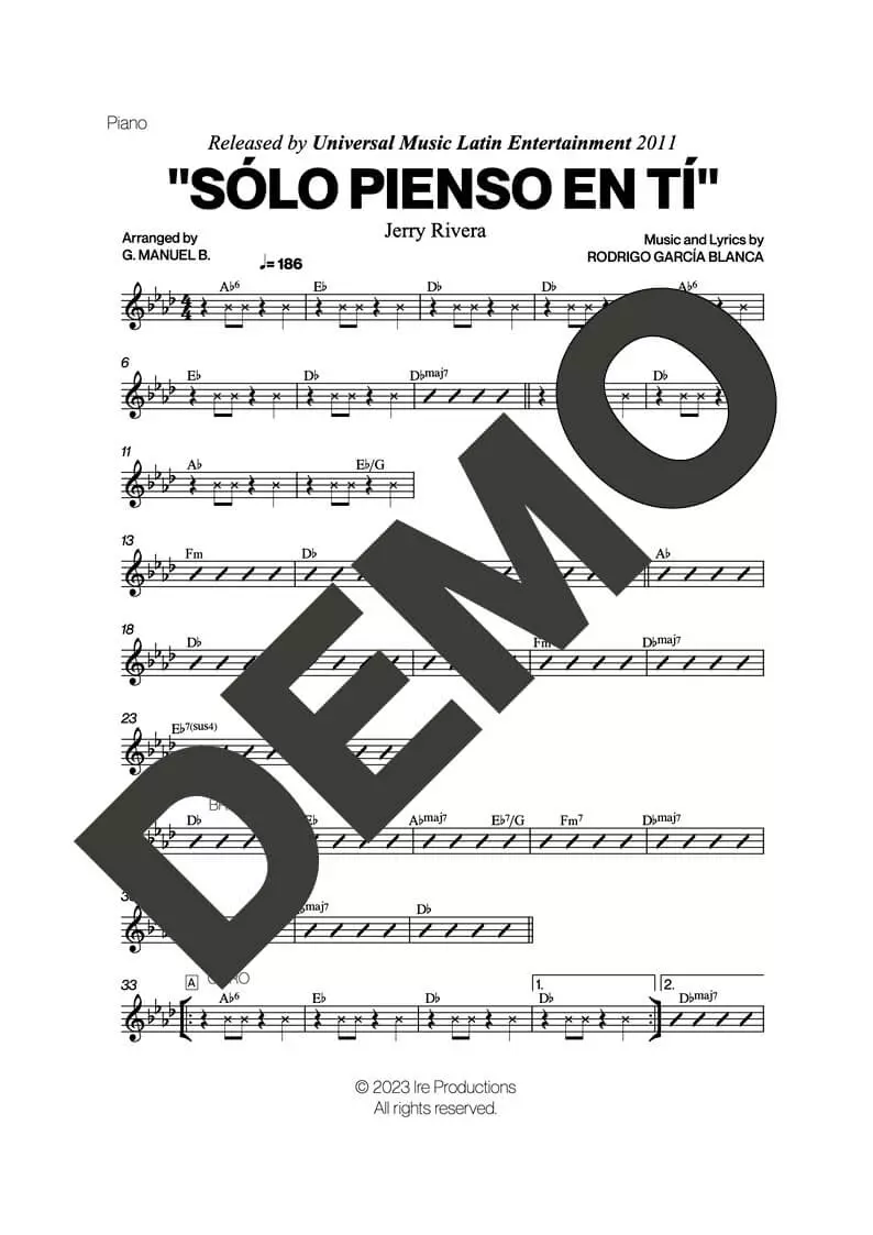 Jerry Rivera – Sólo Pienso En Tí – Sheet Music Demo Page 2 (PDF) – Includes charts for Trumpets, Trombones, Saxophone, Piano and Bass