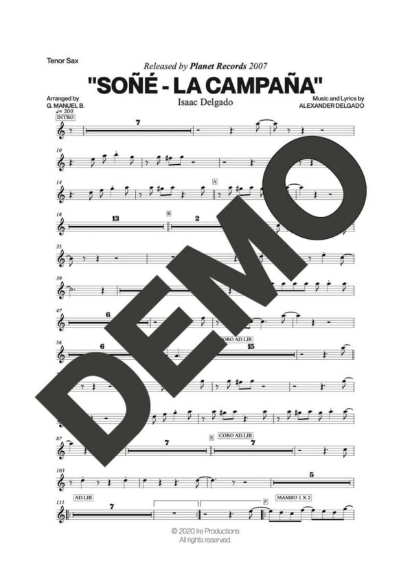Issac Delgado – Soñé (La Campaña) – First Page of Sheet Music Preview (PDF) – Includes charts for Trumpets, Trombones, Saxophone, Piano and Bass