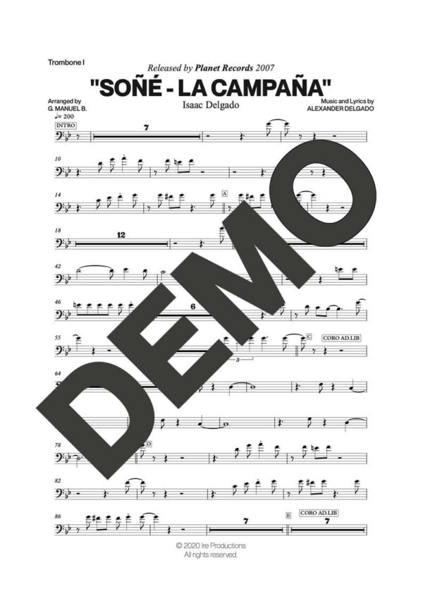 Issac Delgado – Soñé (La Campaña) – Sheet Music Demo Page 2 (PDF) – Includes charts for Trumpets, Trombones, Saxophone, Piano and Bass
