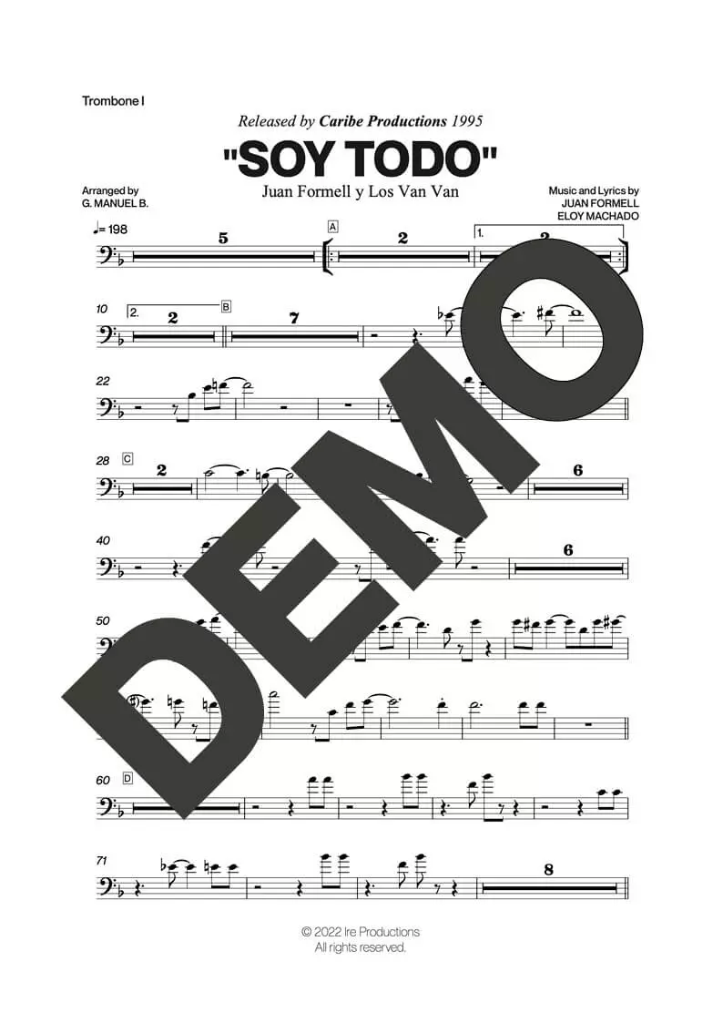 Los Van Van|Mayito Rivera – Soy Todo (Ay Dios, Ampárame) – Sheet Music Demo Page 1 (PDF) – Includes charts for Trumpets, Trombones, Saxophone, Piano and Bass