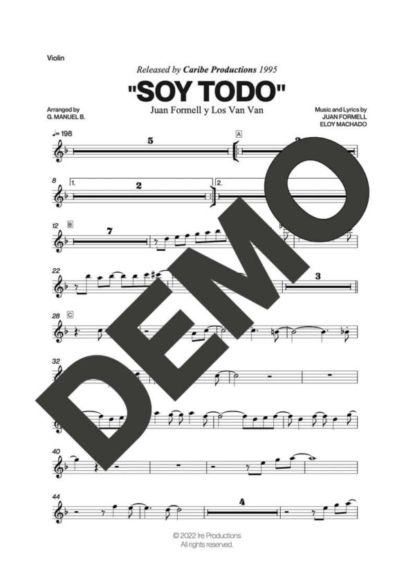 Los Van Van|Mayito Rivera – Soy Todo (Ay Dios, Ampárame) – Sheet Music Demo Page 2 (PDF) – Includes charts for Trumpets, Trombones, Saxophone, Piano and Bass