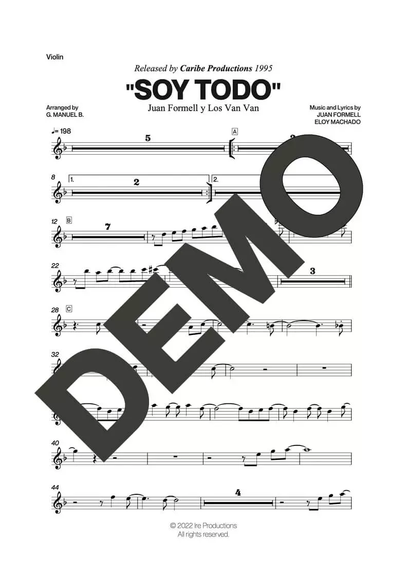 Los Van Van|Mayito Rivera – Soy Todo (Ay Dios, Ampárame) – Sheet Music Demo Page 2 (PDF) – Includes charts for Trumpets, Trombones, Saxophone, Piano and Bass