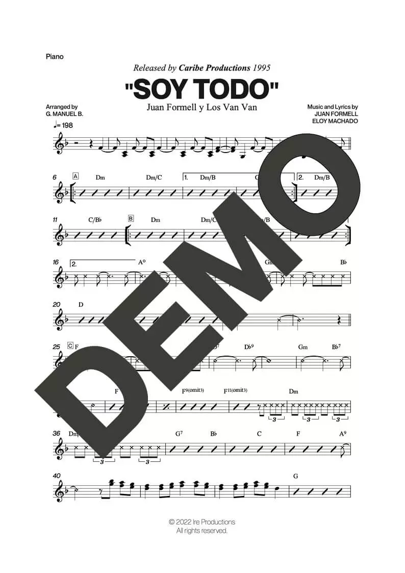 Los Van Van|Mayito Rivera – Soy Todo (Ay Dios, Ampárame) – Sheet Music Demo Page 3 (PDF) – Includes charts for Trumpets, Trombones, Saxophone, Piano and Bass