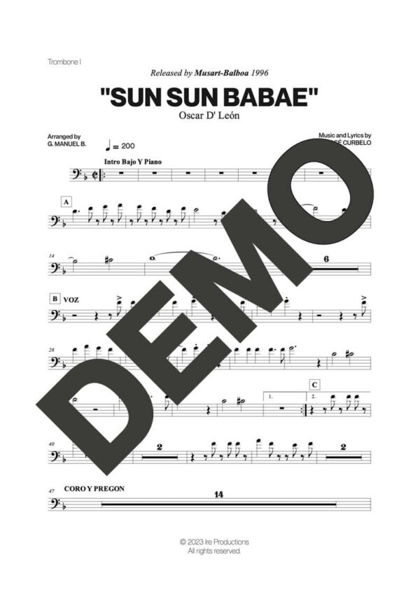 Oscar D' León – Sun Sun Babae – First Page of Sheet Music Preview (PDF) – Includes charts for Trumpets, Trombones, Saxophone, Piano and Bass