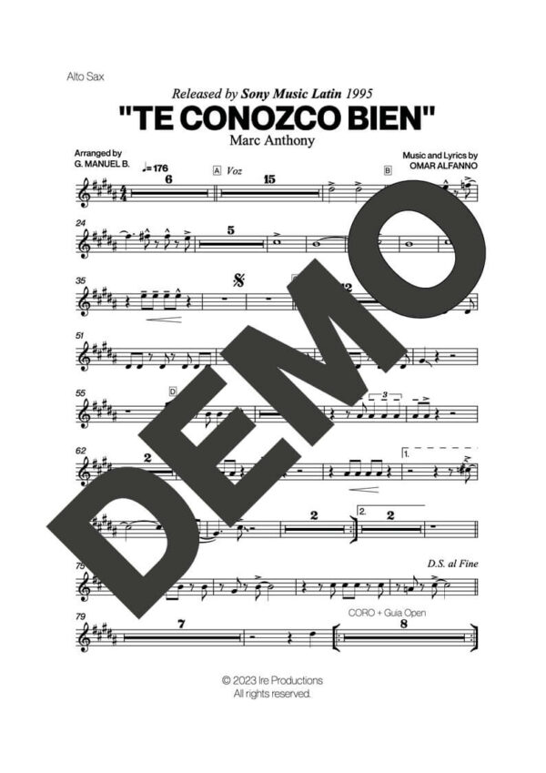 Marc Anthony – Te Conozco Bien – First Page of Sheet Music Preview (PDF) – Includes charts for Trumpets, Trombones, Saxophone, Piano and Bass