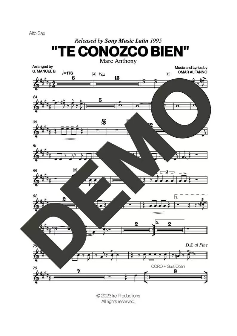 Marc Anthony – Te Conozco Bien – First Page of Sheet Music Preview (PDF) – Includes charts for Trumpets, Trombones, Saxophone, Piano and Bass