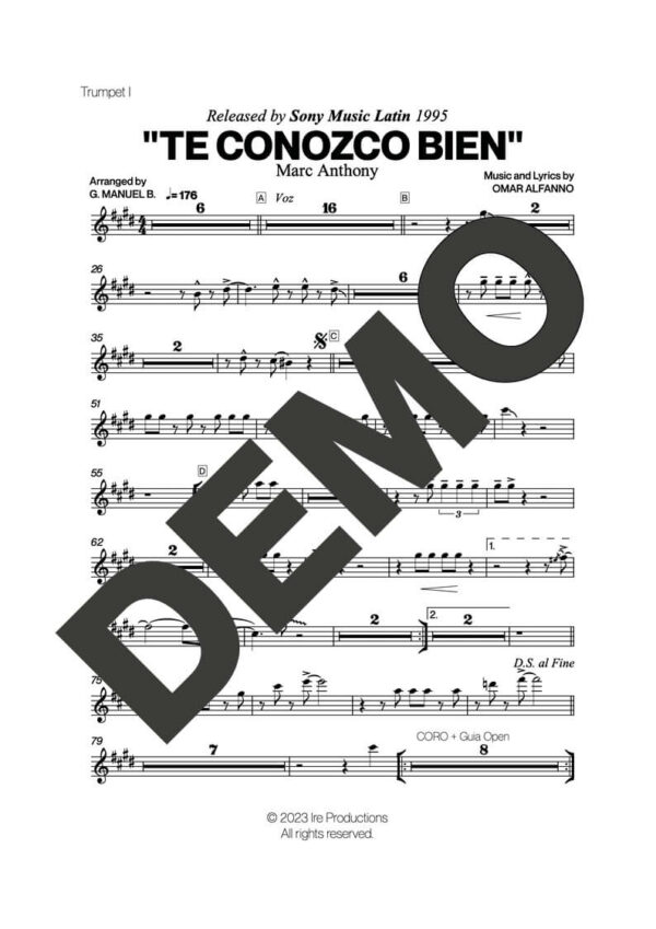 Marc Anthony – Te Conozco Bien – Sheet Music Demo Page 1 (PDF) – Includes charts for Trumpets, Trombones, Saxophone, Piano and Bass