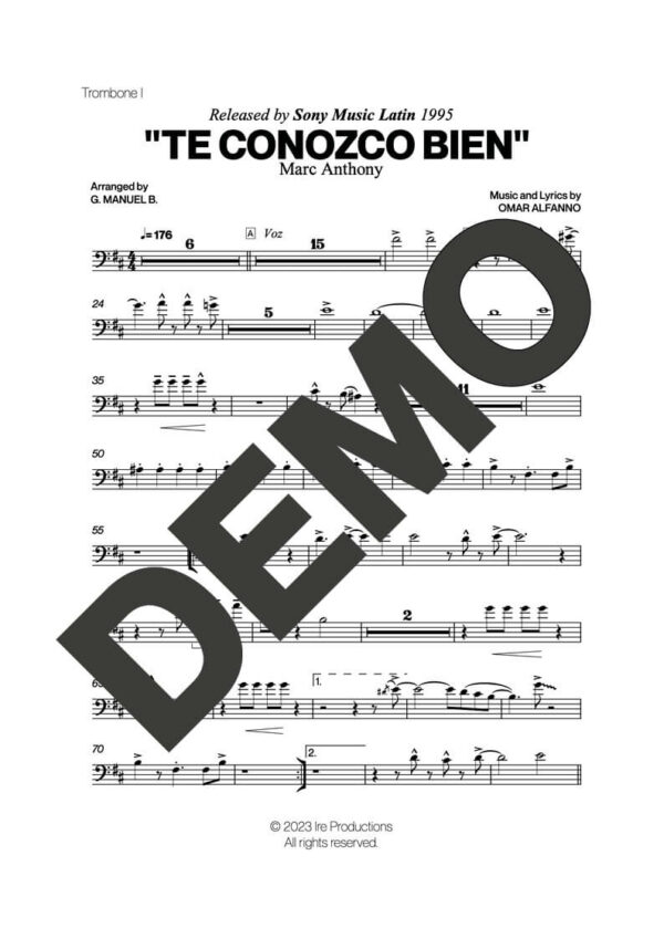Marc Anthony – Te Conozco Bien – Sheet Music Demo Page 2 (PDF) – Includes charts for Trumpets, Trombones, Saxophone, Piano and Bass