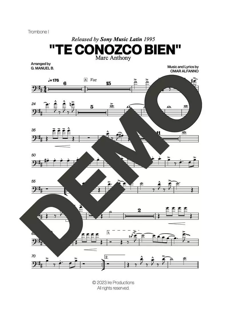 Marc Anthony – Te Conozco Bien – Sheet Music Demo Page 2 (PDF) – Includes charts for Trumpets, Trombones, Saxophone, Piano and Bass
