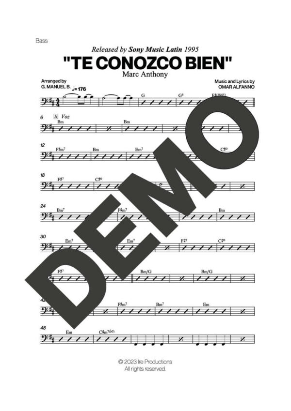 Marc Anthony – Te Conozco Bien – Sheet Music Demo Page 4 (PDF) – Includes charts for Trumpets, Trombones, Saxophone, Piano and Bass