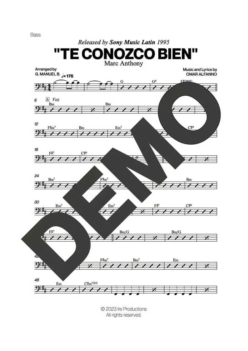 Marc Anthony – Te Conozco Bien – Sheet Music Demo Page 4 (PDF) – Includes charts for Trumpets, Trombones, Saxophone, Piano and Bass