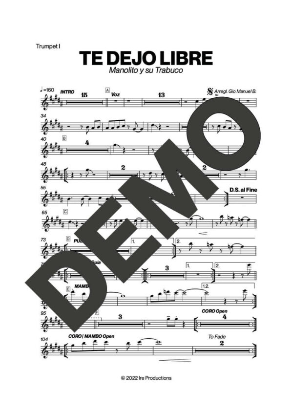 Manolito y su Trabuco – Te Dejo Libre – Sheet Music Demo Page 1 (PDF) – Includes charts for Trumpets, Trombones, Saxophone, Piano and Bass